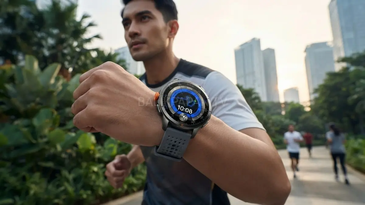 Navigo Pro menampilkan navigasi offline pada layar AMOLED saat digunakan berlari di luar ruangan.(BTV/AI) 