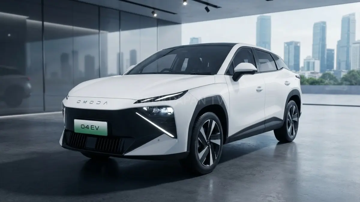 Omoda O4 EV 2026 dengan desain Cyber MECA futuristik sebagai crossover listrik terbaru penuh teknologi. (BTV/AI) 
