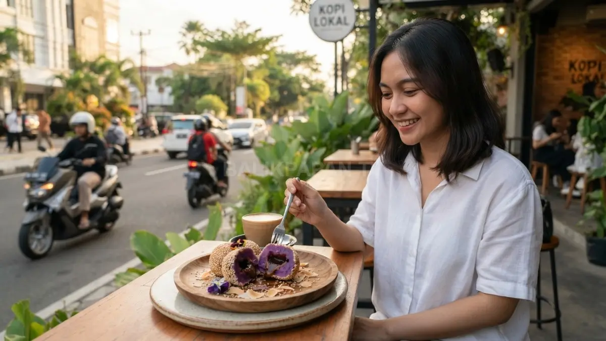 Onde-onde ubi ungu khas Balikpapan dengan taburan wijen dan isian menarik sebagai inspirasi camilan lokal modern. (BTV/AI)