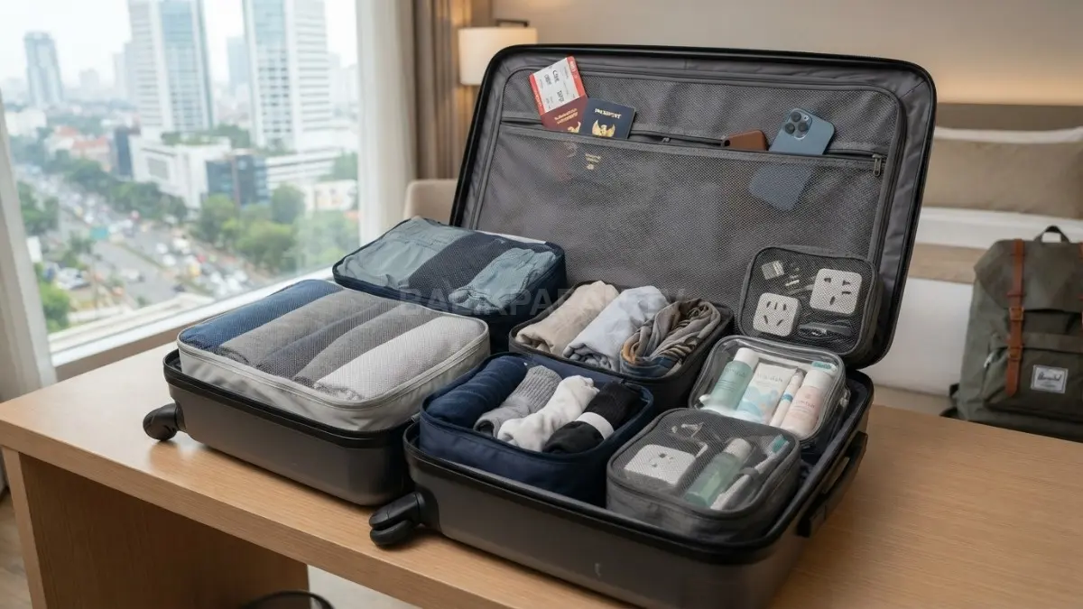 Packing cube berisi pakaian dan perlengkapan perjalanan yang tersusun berdasarkan kategori. (BTV/AI)