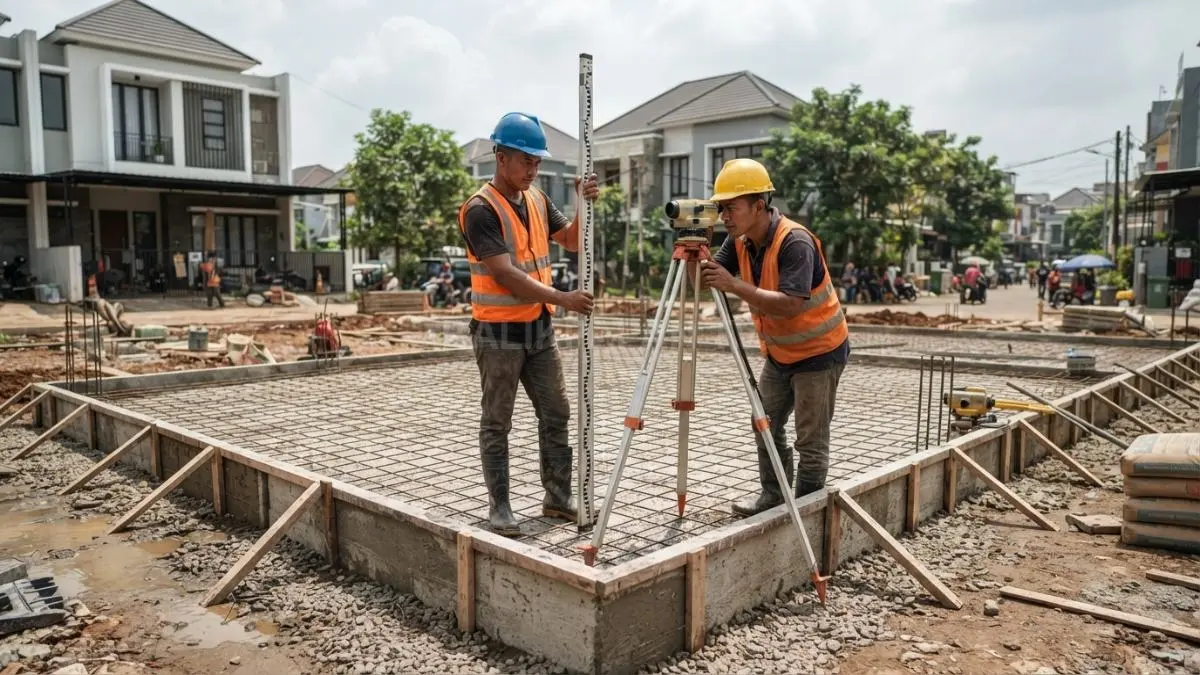 Pekerja konstruksi mengukur elevasi lantai rumah sebelum proses pengecoran untuk meningkatkan ketahanan terhadap banjir. (BTV/AI)