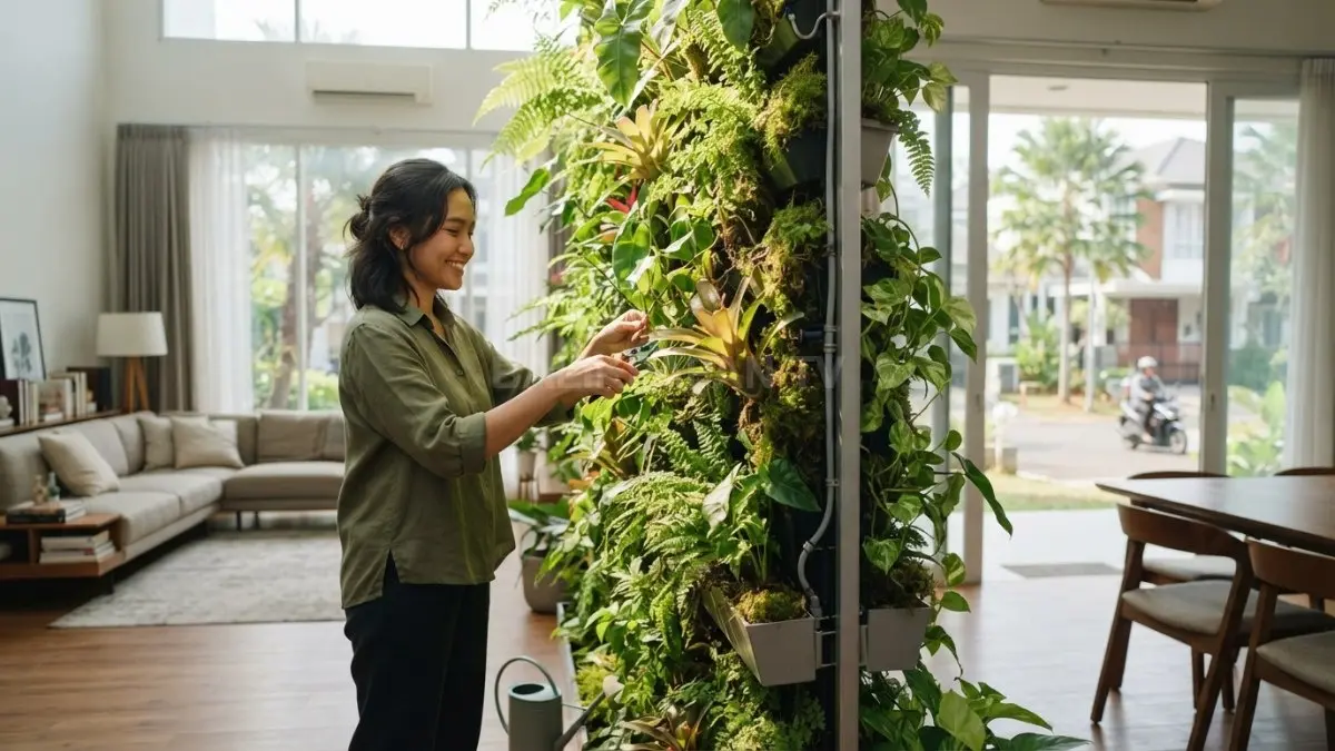 Pembatas ruangan menggunakan vertical garden sebagai dekorasi alami rumah tropis.(BTV/AI)

