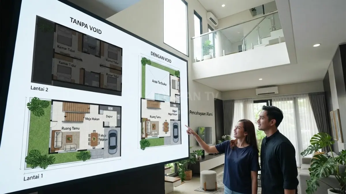 Perbandingan denah rumah dengan dan tanpa void untuk menunjukkan perbedaan luas ruang fungsional. (BTV/AI)