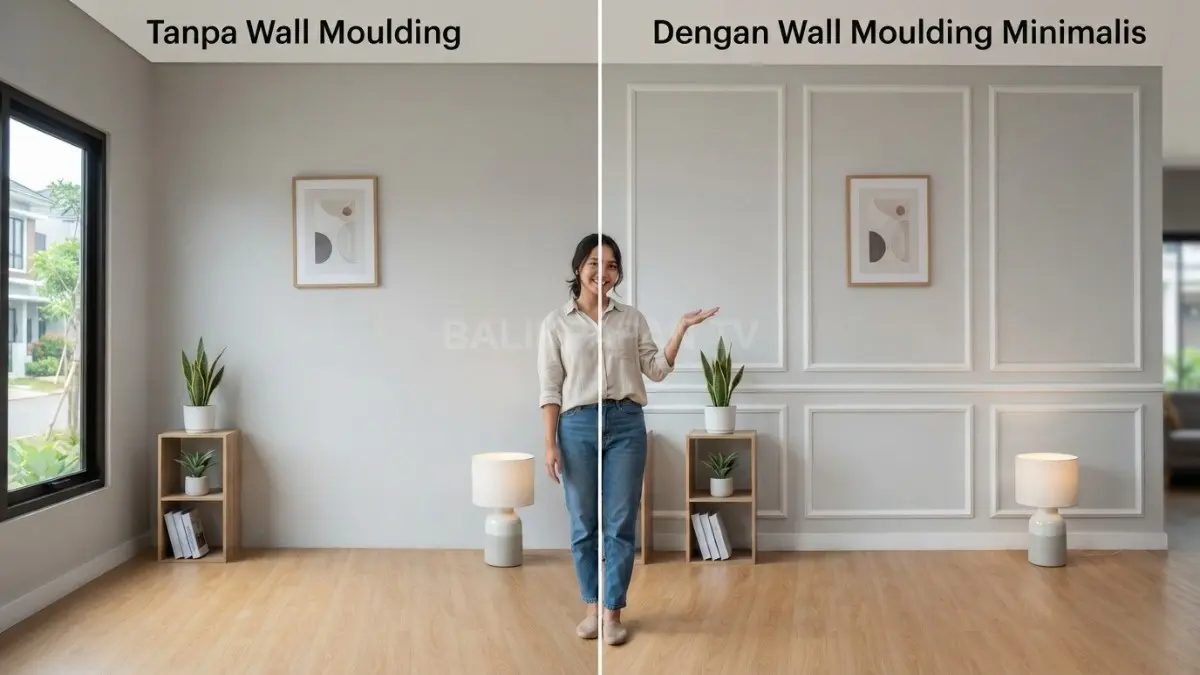 Perbandingan dinding rumah kecil tanpa wall moulding dan dengan wall moulding minimalis untuk menunjukkan perbedaan tampilan visual. (BTV/AI)