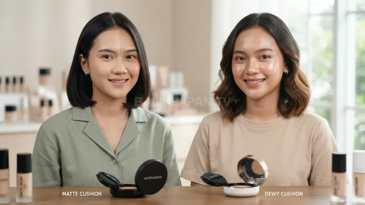 Perbandingan hasil cushion matte dan dewy pada berbagai jenis kulit dengan pencahayaan alami. (BTV/AI)