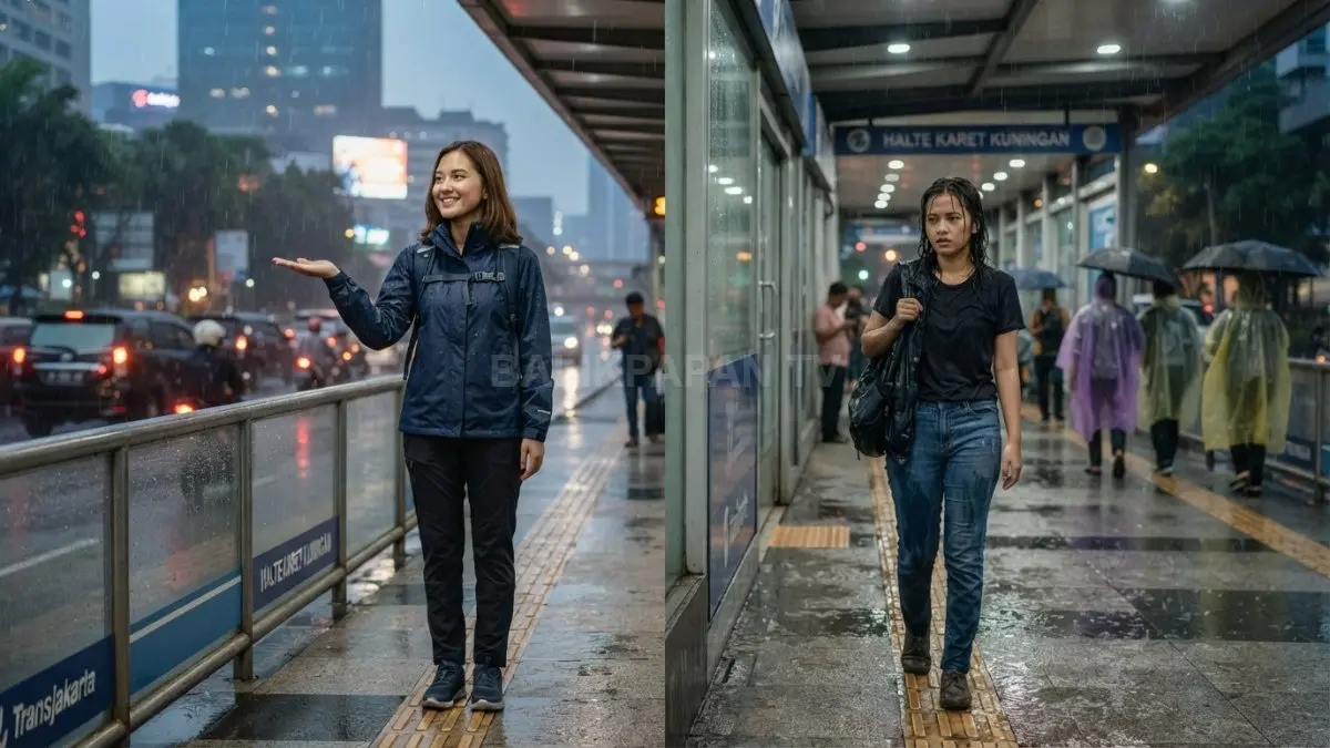 Perbandingan pakaian berbahan cepat kering dan bahan yang mudah menyerap air sebagai inspirasi memilih outfit musim hujan. (BTV/AI)