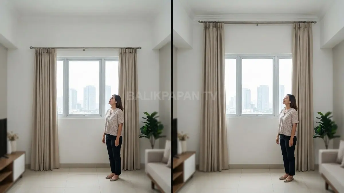 Perbandingan pemasangan rel gorden tepat di atas kusen dan mendekati plafon untuk menunjukkan perbedaan efek visual. (BTV/AI)
