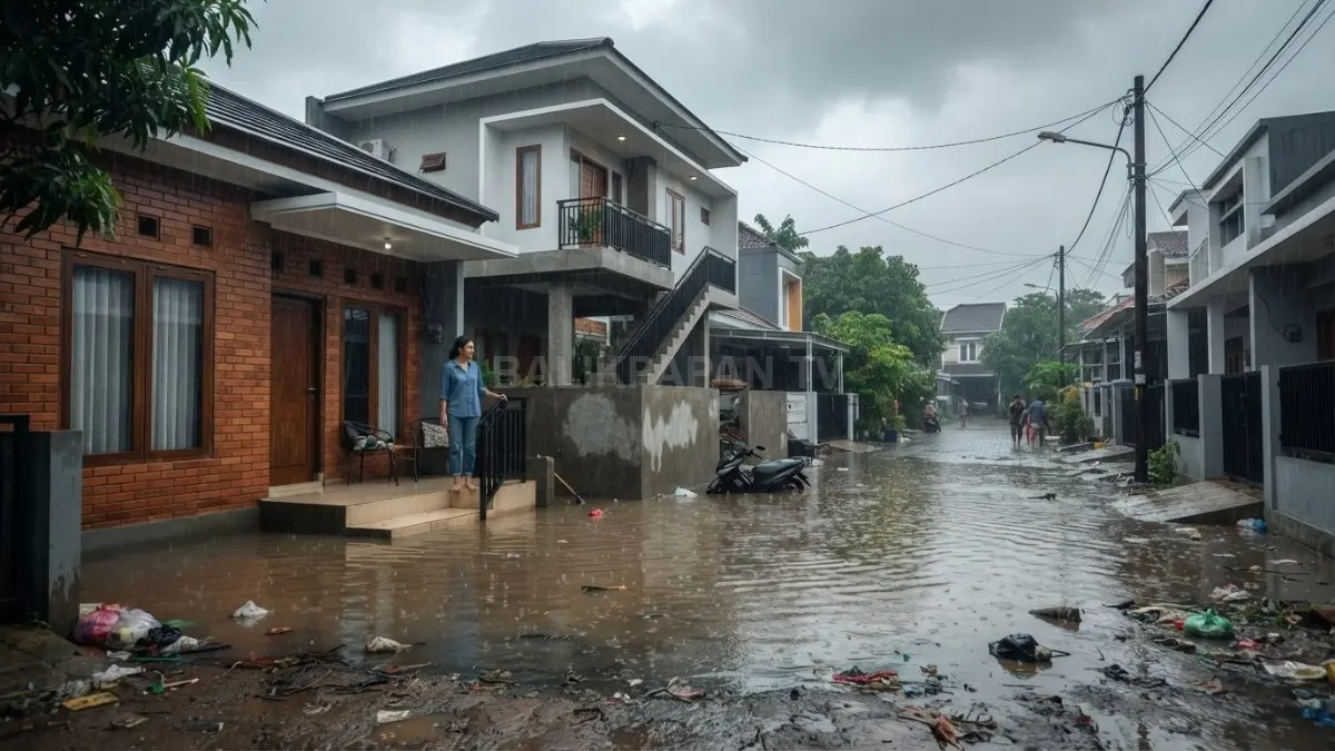Perbandingan rumah dengan elevasi rendah dan elevasi tinggi saat terjadi genangan air di lingkungan permukiman. (BTV/AI)