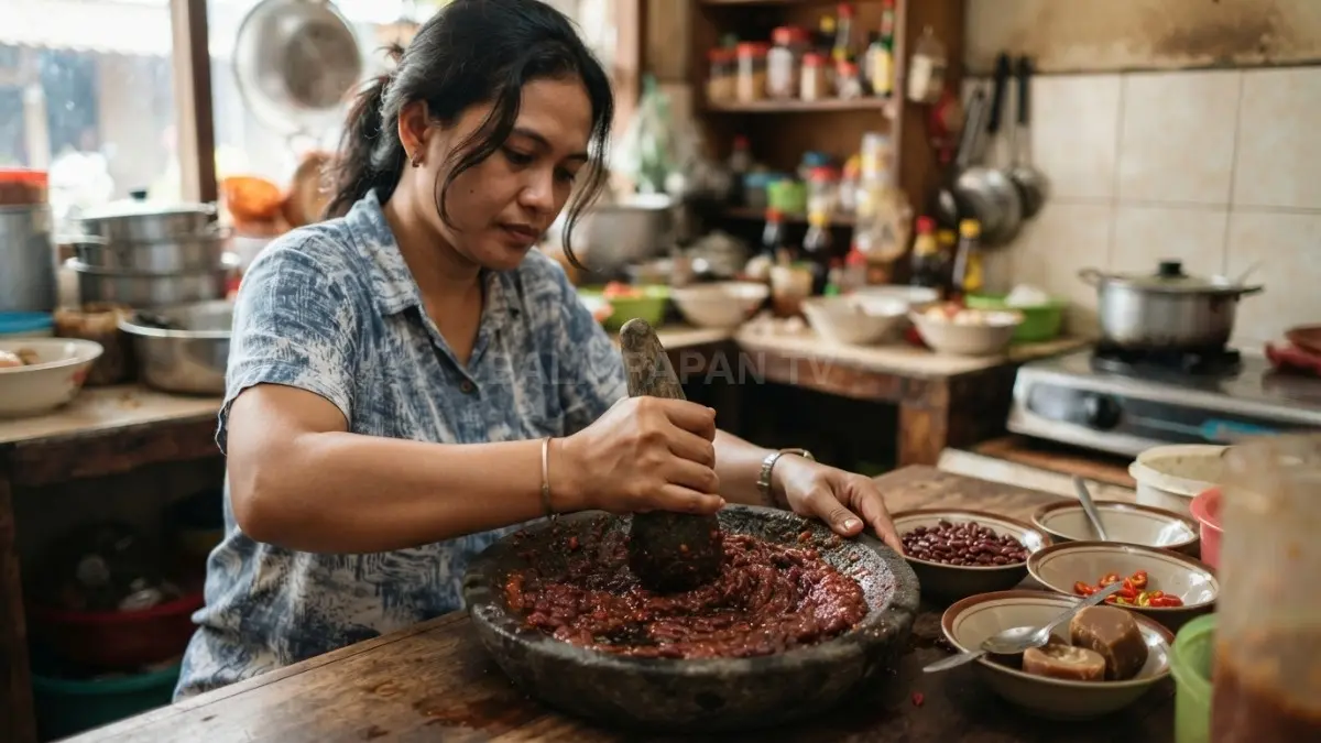 Proses mengulek bumbu kacang merah Rujak Habang menggunakan cobek tradisional untuk menghasilkan tekstur kental dan cita rasa autentik. (BTV/AI)
