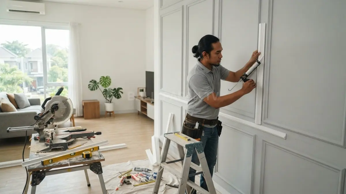 Proses pemasangan wall moulding berbahan polystyrene pada ruang keluarga minimalis dengan pola panel simetris. (BTV/AI)