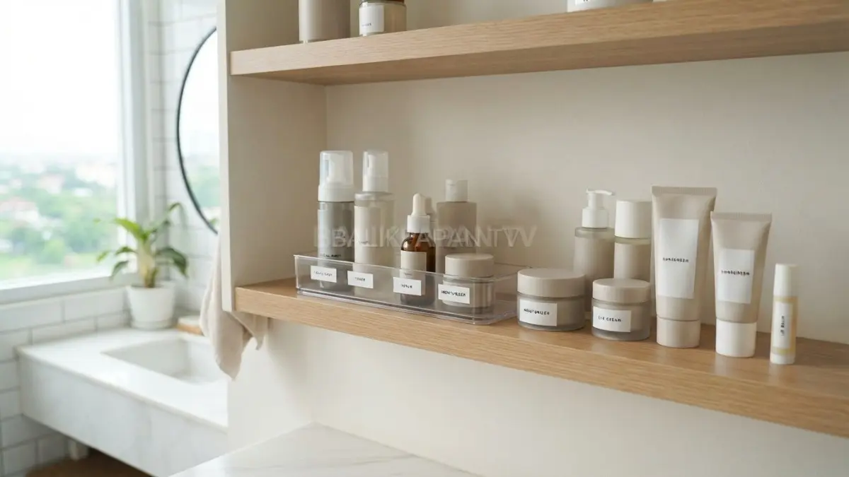 Rak pagi menyimpan skincare harian agar rutinitas perawatan lebih mudah dan teratur. (BTV/Ai)