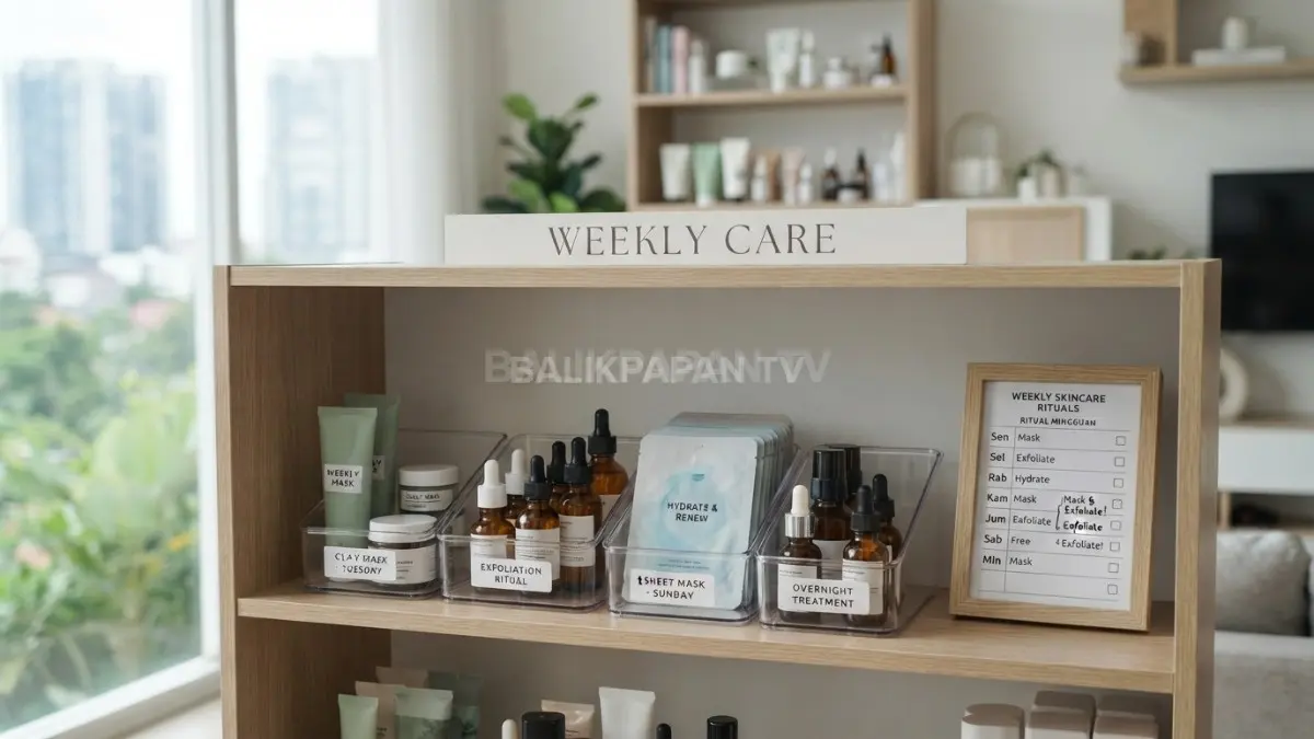 Rak perawatan mingguan membantu mengatur jadwal penggunaan masker dan eksfoliasi agar lebih terkontrol. (BTV/Ai)