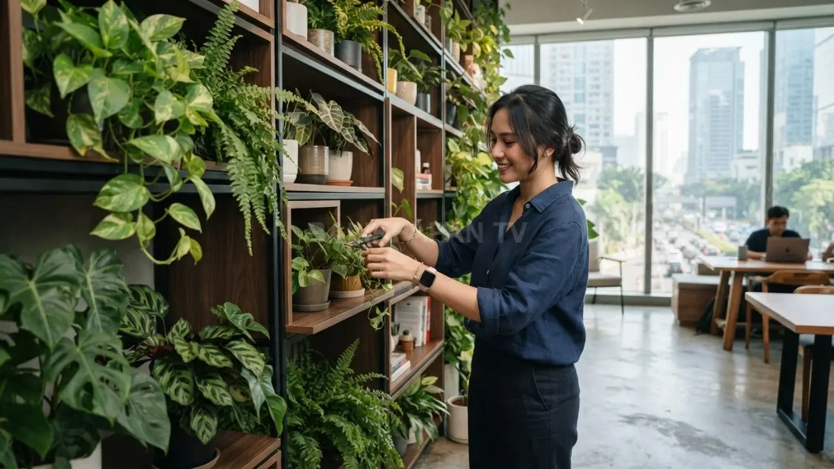 Rak tanaman yang menyatu dengan dinding membuat ruang lebih hijau tanpa mengurangi fungsi area hunian. (BTV/Ai)