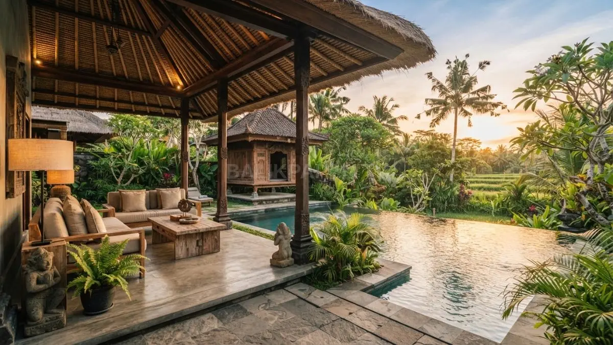 Rumah bergaya arsitektur Bali memadukan material alami, taman tropis, dan filosofi harmonis untuk hunian nyaman. [BTV:AI]
