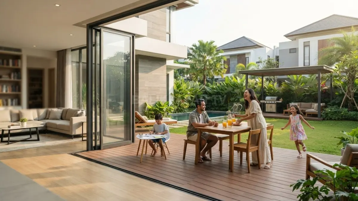 Rumah bergaya luar negeri menghadirkan halaman belakang luas, ventilasi alami, dan ruang berkumpul keluarga nyaman (BTV/AI)
