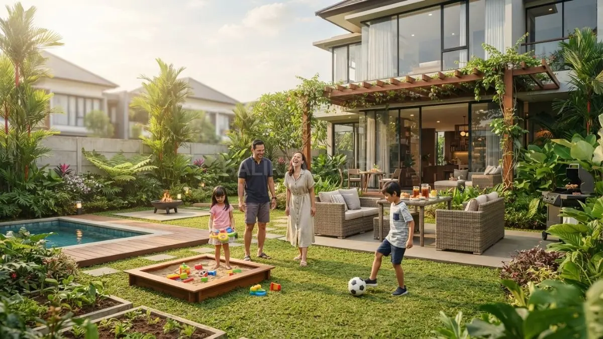 Rumah bergaya Mediterranean menghadirkan halaman belakang luas, taman asri, dan ruang berkumpul keluarga yang nyaman (BTV/AI)
