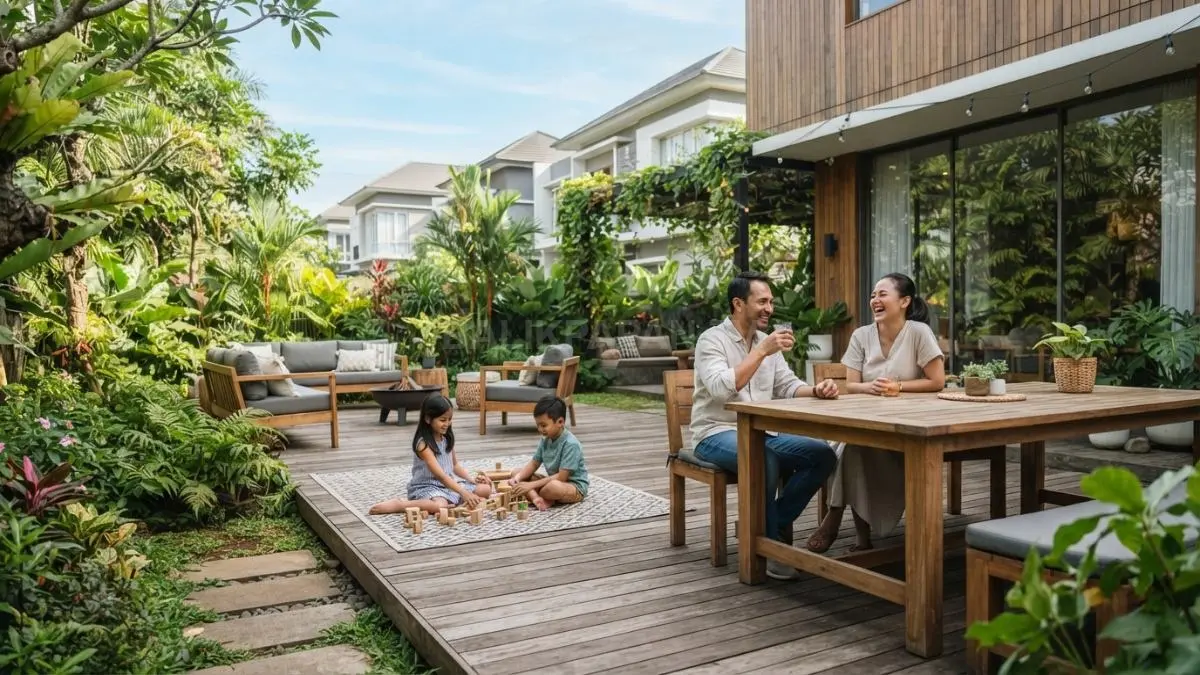 Rumah bergaya Skandinavia menghadirkan halaman belakang luas, material alami, dan ruang keluarga nyaman menyatu dengan alam (BTV/AI)
