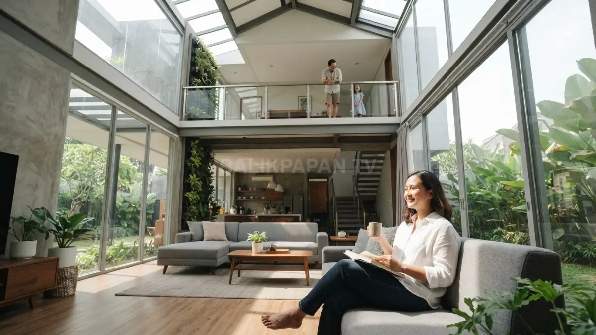 Rumah dua lantai modern dengan area void di ruang keluarga yang menghadirkan pencahayaan alami dan kesan lapang. (BTV/AI)