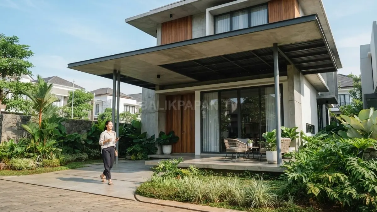 Rumah minimalis modern dengan overhang atap lebar yang melindungi teras dan dinding dari panas matahari serta hujan. (BTV/AI)