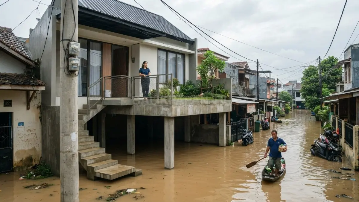 Rumah modern dengan elevasi lantai lebih tinggi di kawasan rawan banjir sebagai solusi mengurangi risiko genangan. (BTV/AI)