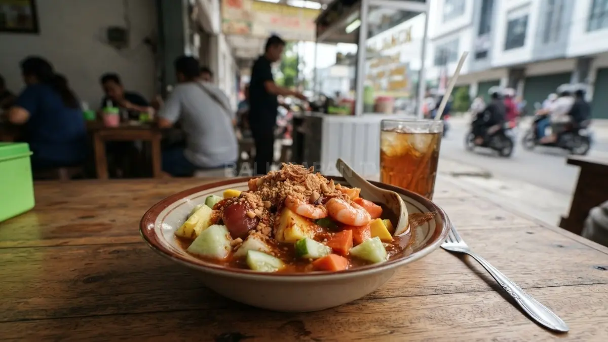 Semangkuk Rujak Habang khas Banjar dengan aneka buah segar, udang rebus, dan bumbu kacang merah kental yang menggugah selera. (BTV/AI)