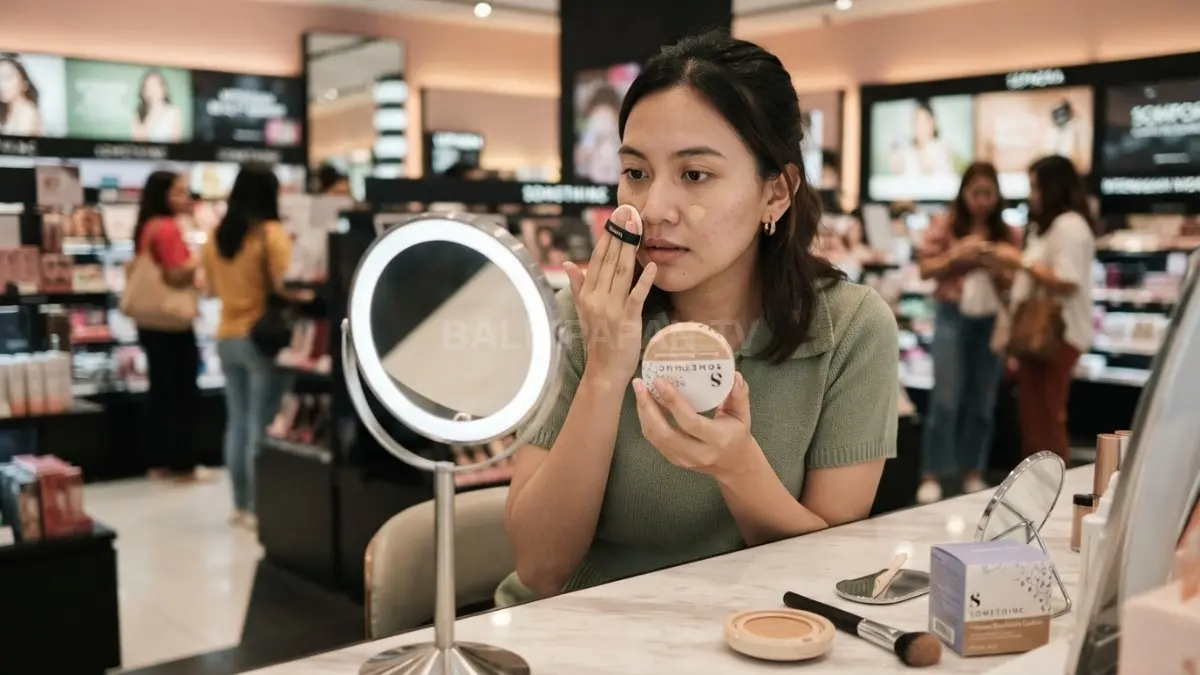 Seorang perempuan mencoba cushion sambil mencocokkan formula dengan jenis kulit untuk mendapatkan hasil makeup natural. (BTV/AI)