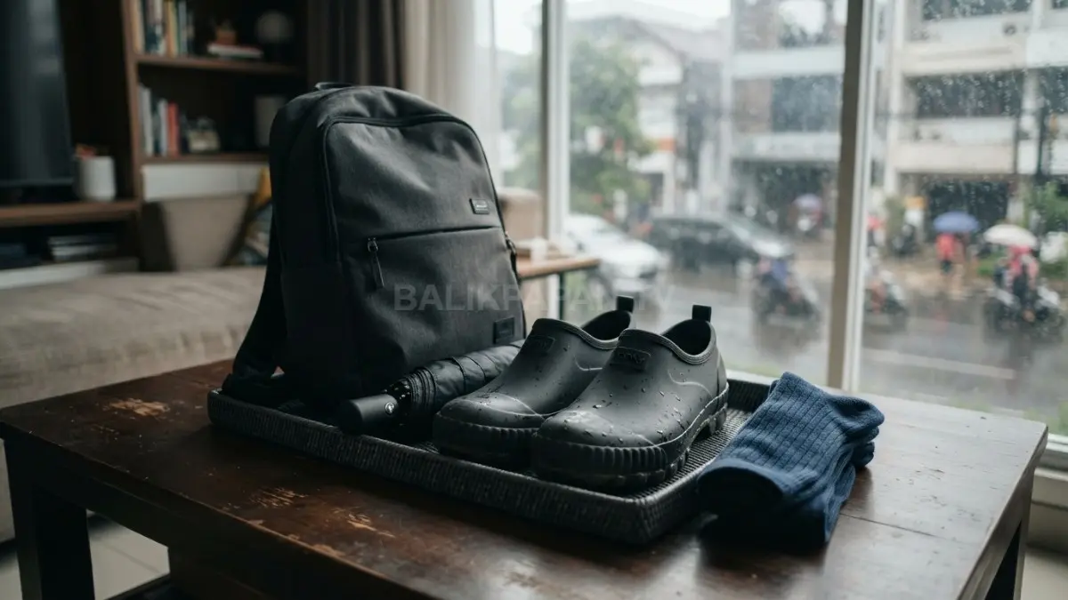 Sepatu antiselip, tas water-resistant, payung lipat, dan kaus kaki cadangan disusun sebagai perlengkapan penting untuk menjaga penampilan tetap rapi saat musim hujan. (BTV/AI)