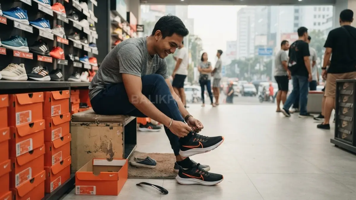 Seseorang mencoba sepatu olahraga pada sore hari untuk memastikan ukuran tetap nyaman setelah beraktivitas. (BTV/AI)