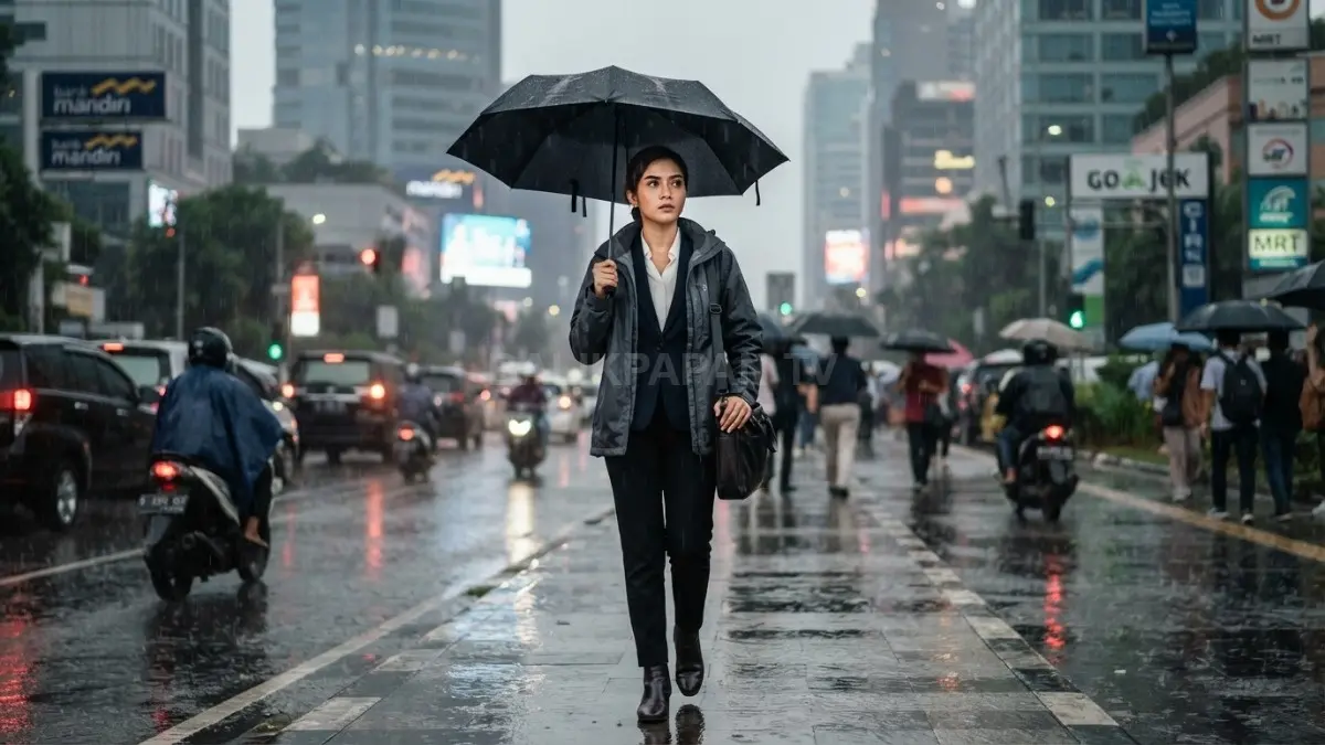 Seseorang mengenakan outfit kerja berlapis jaket water-resistant sambil membawa payung di tengah musim hujan, tetap tampil rapi dan profesional. (BTV/AI)