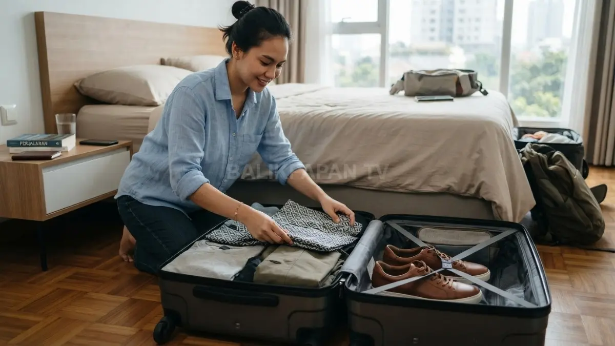 Seseorang menyusun pakaian dan sepatu di dalam koper dengan urutan yang rapi sebelum bepergian. (BTV/AI)