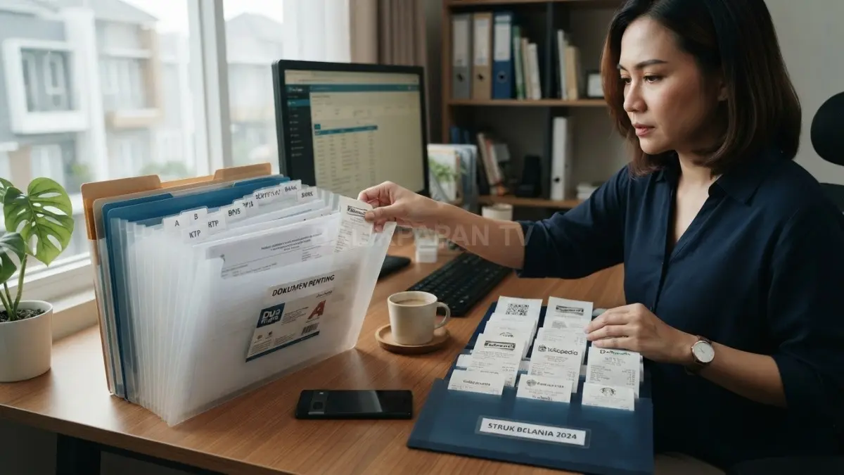 Struk belanja dipisahkan dari dokumen penting menggunakan map arsip berbeda agar penyimpanan lebih aman. (BTV/AI)