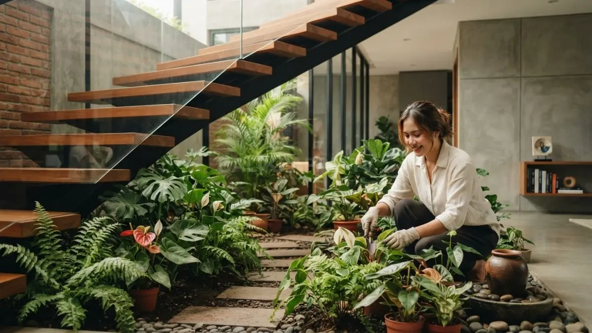 Taman kecil di bawah tangga memanfaatkan ruang kosong menjadi sudut hijau yang estetik dan fungsional. (BTV/Ai)