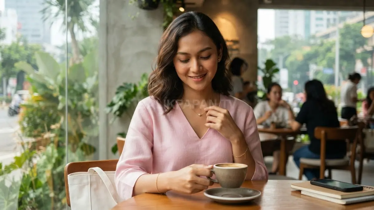 Aksesori feminin melengkapi outfit anggun melalui kalung minimalis yang serasi dengan berbagai pilihan warna busana sehari-hari. (BTV/AI)