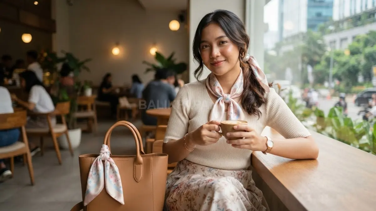 Aksesori feminin seperti scarf satin mempercantik penampilan, menambah kesan anggun, dan melengkapi outfit sehari-hari dengan serasi. (BTV/AI)