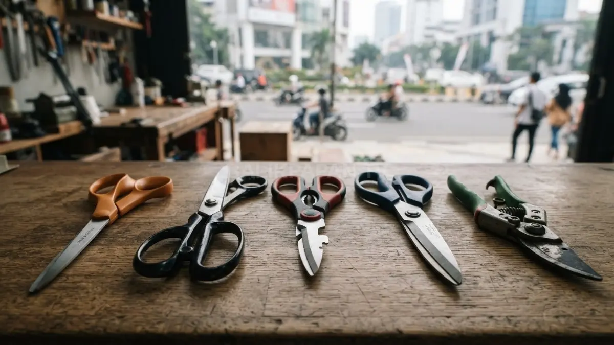 Beberapa jenis gunting tersusun rapi berdasarkan fungsi, mulai dari gunting kertas, kain, dapur, hingga gunting berkebun. (BTV/AI)