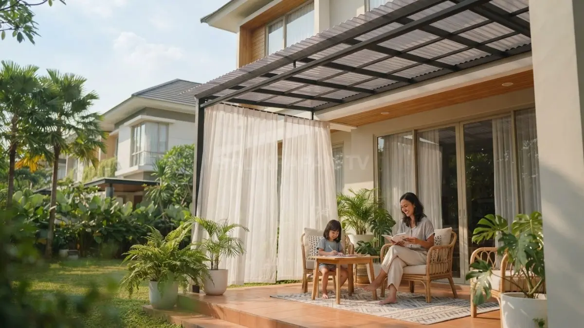 Contoh pemasangan kanopi dan tirai tipis untuk mengurangi silau pada rumah bergaya tropis. (BTV/AI)