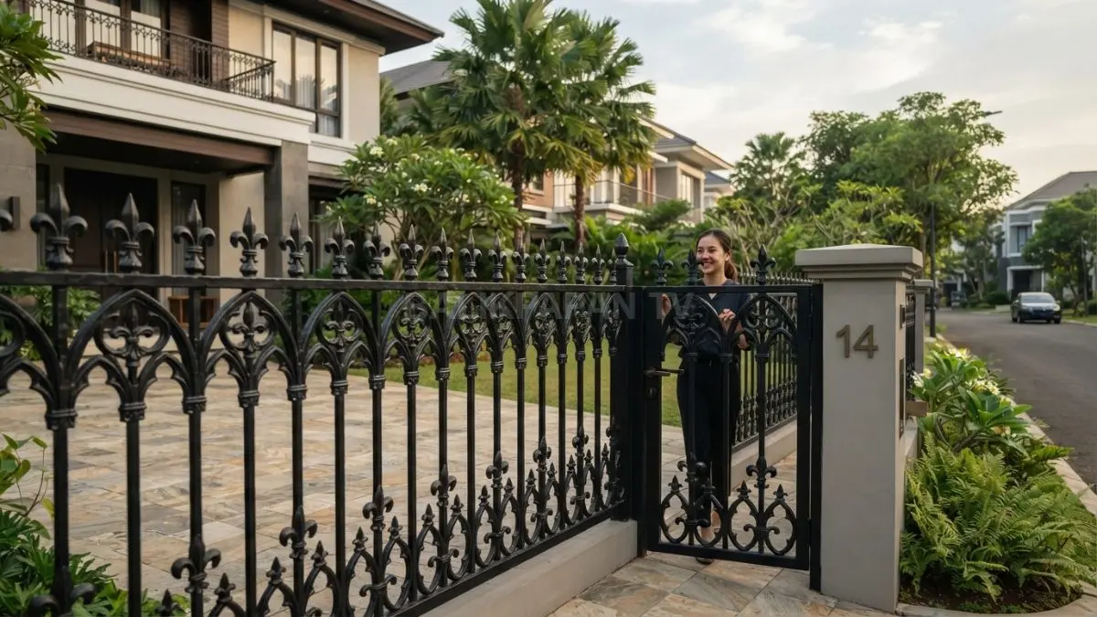 Desain pagar Fleur-de-Lis Gothic menghadirkan nuansa aristokrat Eropa, memperkuat karakter fasad rumah semakin elegan. (BTV/AI)
