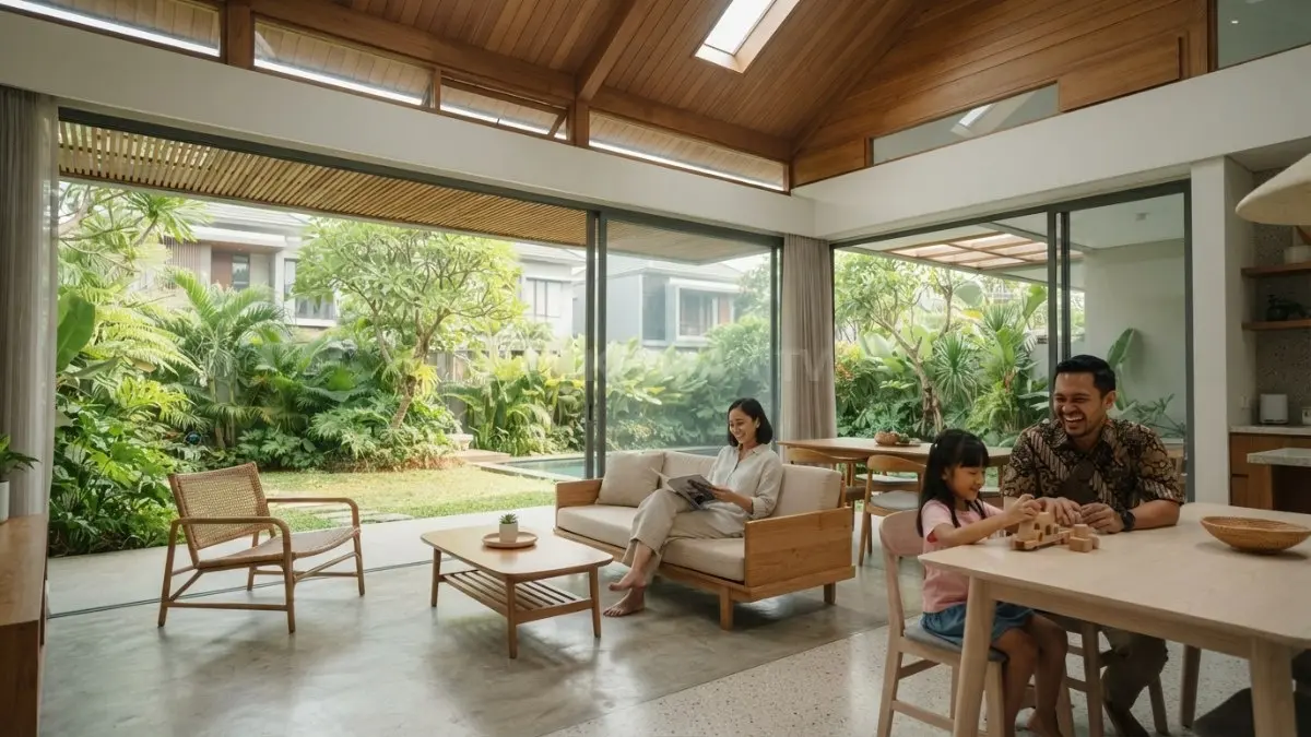 Desain rumah tropis mempertimbangkan pencahayaan orientasi plafon furnitur lingkungan sekitar demi kenyamanan visual optimal berkelanjutan (BTV/AI)

