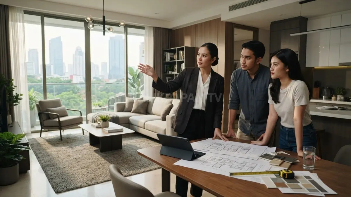 Desainer interior mempertimbangkan pencahayaan alami proporsi furnitur sirkulasi dan kenyamanan setiap ruangan secara menyeluruh optimal (BTV/AI)
