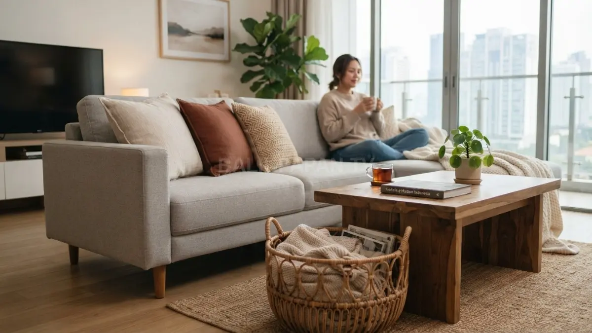 Detail ruang keluarga minimalis yang memadukan cushion linen, throw blanket bertekstur, meja kayu natural, dan keranjang rotan sebagai elemen soft texture. (BTV/AI)