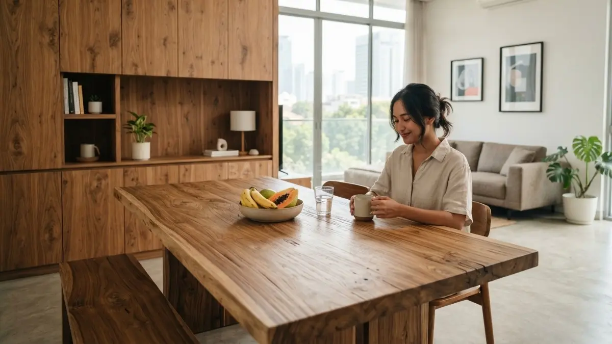 Detail serat kayu alami pada meja dan lemari menunjukkan karakter material yang menjadi daya tarik interior rumah. (BTV/AI)