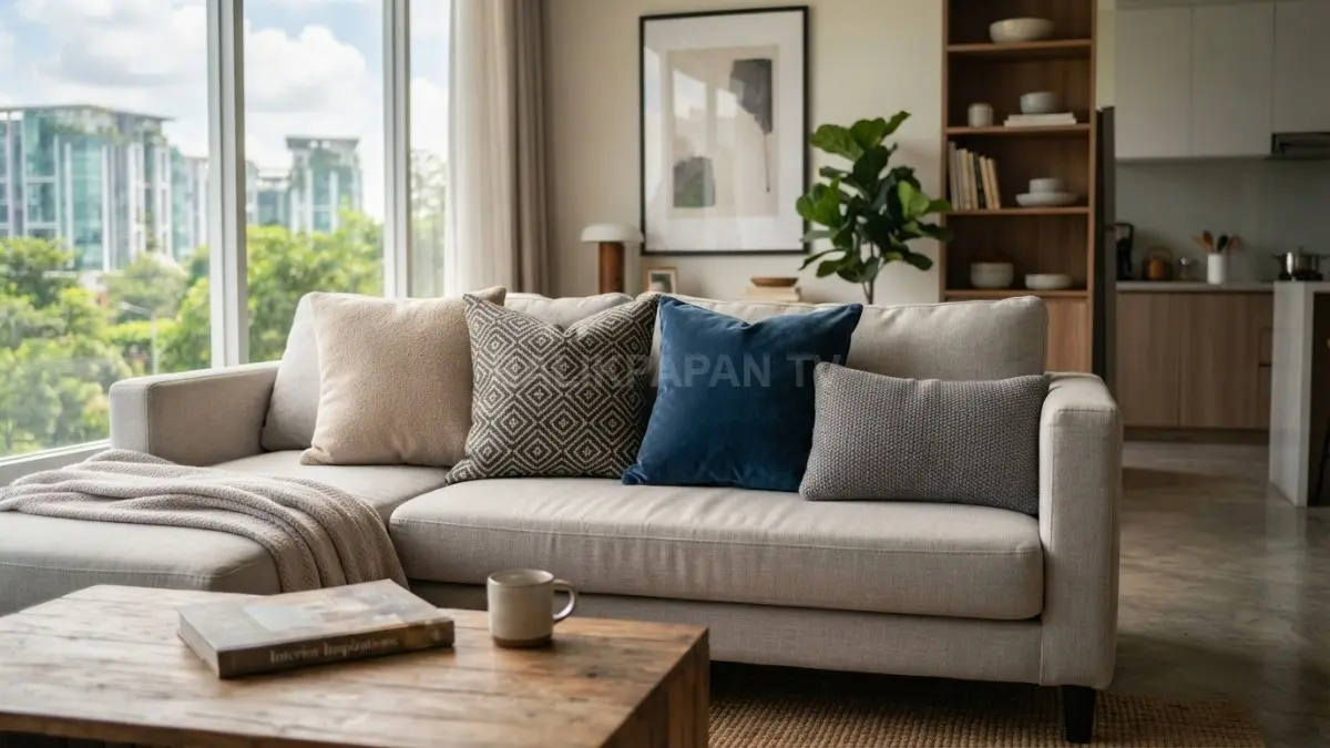 empat bantal dekoratif ditata proporsional untuk menjaga kenyamanan dan estetika ruang tamu. (BTV/AI)