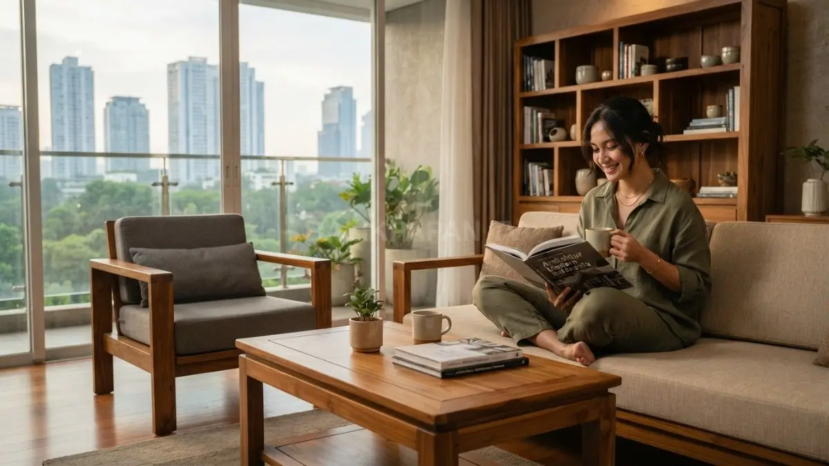Furnitur kayu solid di ruang tamu modern dengan pencahayaan alami yang hangat memperkuat kesan elegan dan nyaman. (BTV/AI)