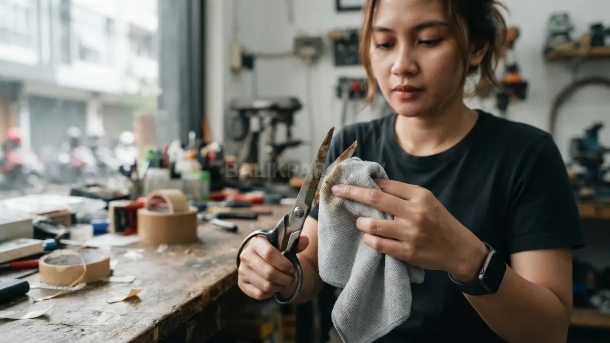 Gunting dibersihkan menggunakan kain lembut setelah digunakan memotong lakban yang meninggalkan residu perekat pada mata pisau. (BTV/AI)