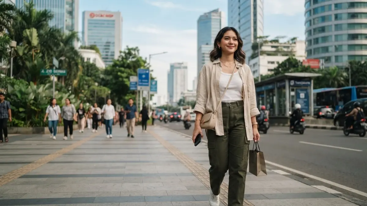 Inspirasi layering outfit untuk cuaca panas dengan satu outer longgar, pakaian dasar sederhana, dan aksesori minimal. (BTV/AI)