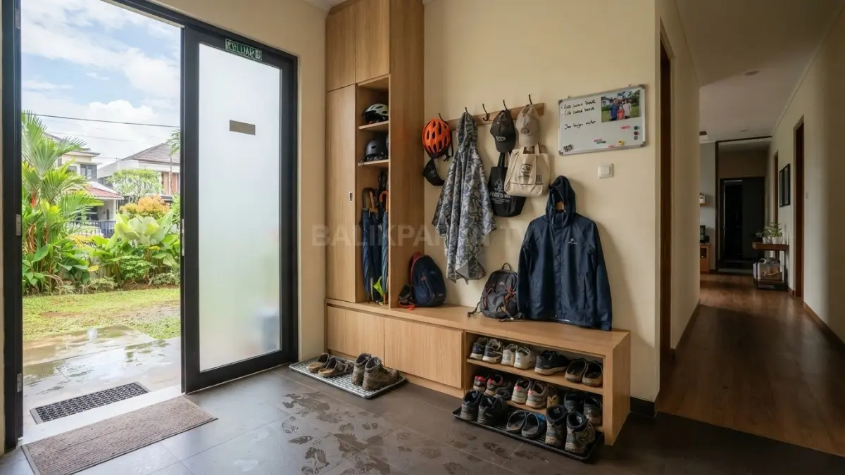 Interior mudroom atau ruang kotor modern di rumah Kalimantan dengan bangku, rak sepatu, gantungan jas hujan, dan area penyimpanan perlengkapan outdoor dekat pintu belakang. (BTV/AI)