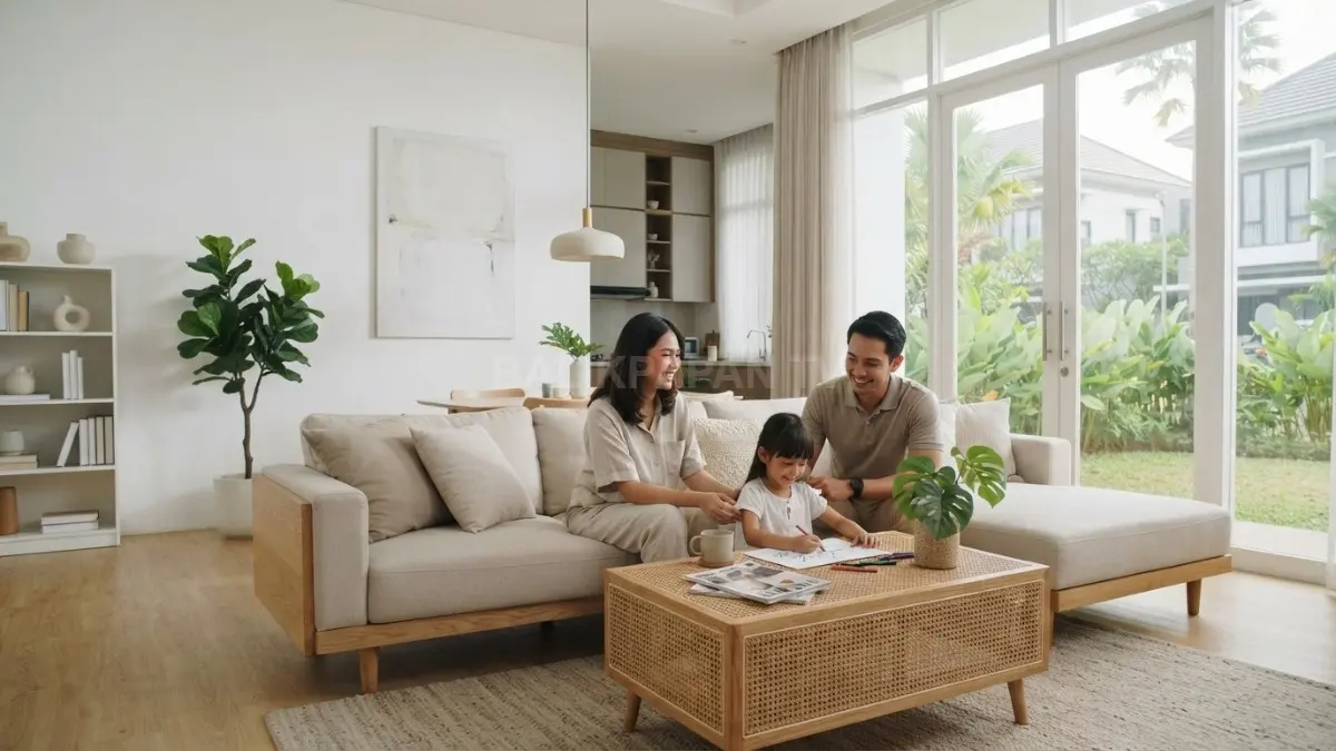 Interior ruang tamu bernuansa putih dengan pencahayaan alami yang memperkuat kesan lapang dan nyaman. (BTV/AI)