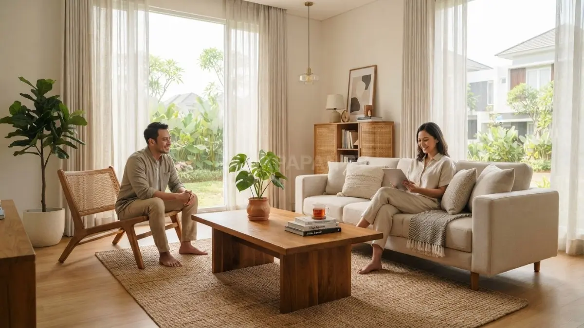 Interior rumah minimalis modern dengan sofa upholstery warna netral, karpet bertekstur, meja kayu, tirai linen, dan aksen rotan yang menciptakan suasana hangat tanpa terlihat penuh. (BTV/AI)