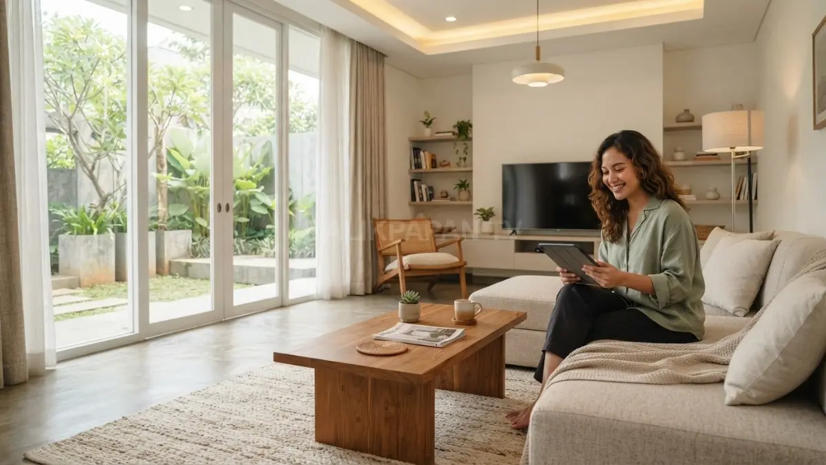 Interior rumah minimalis modern dengan sofa upholstery warna netral, karpet bertekstur, meja kayu, tirai linen, dan aksen rotan yang menciptakan suasana hangat tanpa terlihat penuh. (BTV/AI)