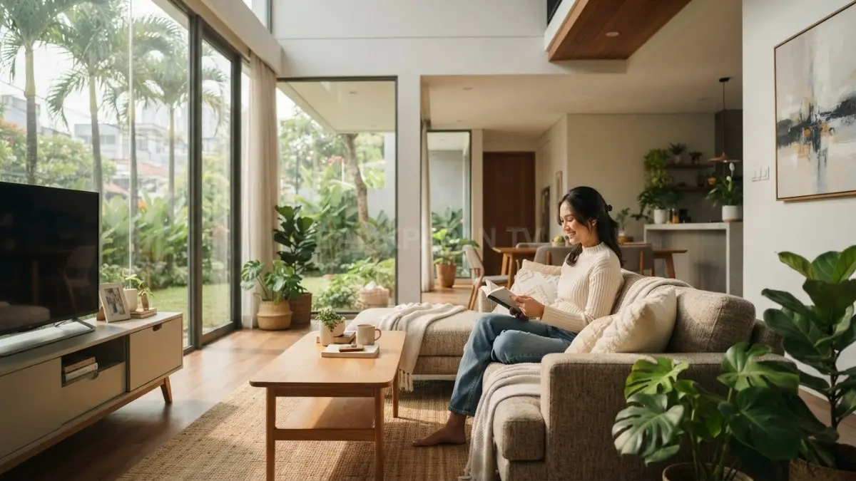 Interior rumah modern memadukan furnitur proporsional dan pencahayaan alami untuk menghasilkan ruang yang nyaman. (BTV/AI)